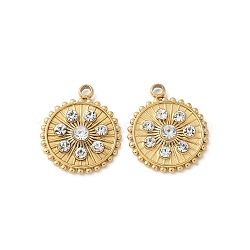 304 Stainless Steel Rhinestone Pendants, Flat Round Charms, Ion Plating(IP), Real 18K Gold Plated, 14.5x12.5x2.5mm, Hole: 1.5mm(STAS-Z122-44G)