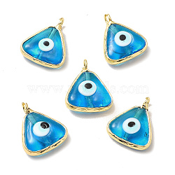 Handmade Lampwork Pendants, with Eco-friendly Light Gold Brass Findings, Long-Lasting Plated, Cadmium Free & Lead Free, Triangle with Evil Eye Charm, Deep Sky Blue, 16x13.5x4~4.5mm, Hole: 2mm(LAMP-C009-01LG-04)