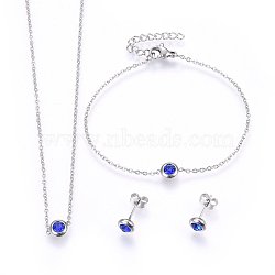 304 Stainless Steel Jewelry Sets, Pendant Necklaces & Stud Earrings & Bracelets, with Rhinestones, Flat Round, Blue, Stainless Steel Color, 16.54 inches(42cm); 6-3/4 inches(17cm); 6.5x3.5mm; Pin: 0.8mm(SJEW-H144-24B-P)