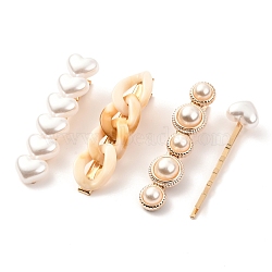 Imitation Pearl Iron Alligator Hair Clips Sets, with Acrylic and Resin, Mixed Shapes, PeachPuff, 59~63.5x14~16.5x11~17mm, 4pcs/set(PHAR-P005-15)