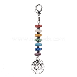 Tree of Life Tibetan Style Alloy Pendant Decorations, 7 Chakra Natural Lava Rock & Glass Seed Beads and Lobster Claw Clasps Charms, Antique Silver & Platinum, 77mm, Pendants: 59.5x17mm(HJEW-JM01662)