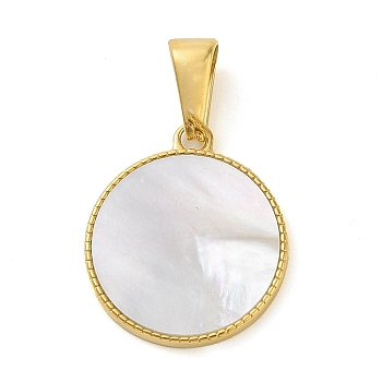 Resin Imitation White Shell Pendants, Golde Tone 304 Stainless Steel Charms, Flat Round, 20x17x2mm, Hole: 7.7x3.5mm