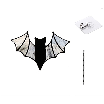 Halloween Stained Acrylic Window Planel with Chain, for Suncatchers Window Home Hanging Ornaments, Bat, 70x100mm