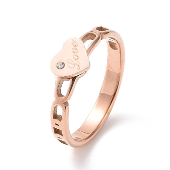 Crystal Rhinestone Heart with Word Love Finger Ring, Ion Plating(IP) 304 Stainless Steel Jewelry for Women, Rose Gold, US Size 6~9 1/4(16.5~19.1mm)