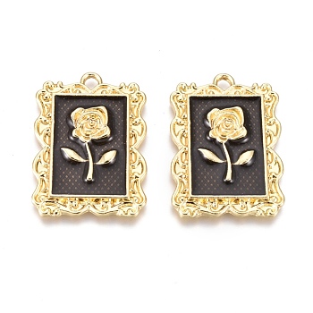 Alloy Pendants, with Enamel, Rectangle with Rose Flower, Golden, Black, 27.5x19.5x3.5mm, Hole: 2mm