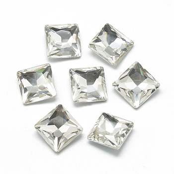 Pointed Back Glass Rhinestone Cabochons, Back Plated, Faceted, Square, Clear, 8x8x3.5mm