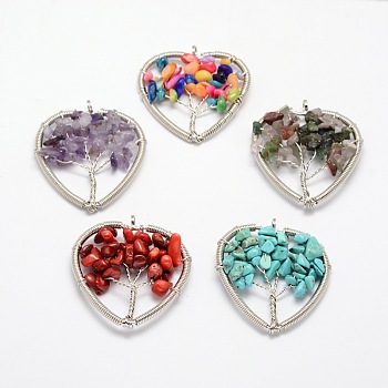 Tree of Life Natural & Synthetic Mixed Stone Bead Brass Wire Wrapped Heart Big Pendants, Cadmium Free & Nickel Free & Lead Free, Platinum, 45~50x48~52x6~9mm, Hole: 4~6mm