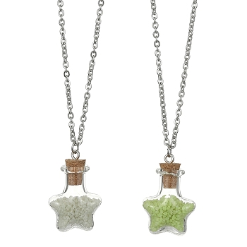 2Pcs 2 Color Luminous Glass Star Bottle Pendant Necklace, with 304 Stainless Steel Curb Chains, Mixed Color, 20.35 inch(51.7cm), 1Pc/color