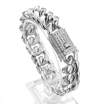 Stainless Steel Curb Chain Bracelet with Rhinestone Clasps, Stainless Steel Color, 7-1/8 inch(18cm)
