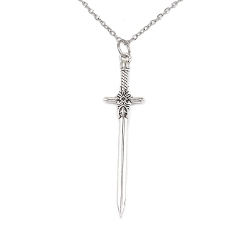 Alloy Sword Pendant Necklace with 304 Stainless Steel Cable Chains, Antique Silver, 17.72 inch(45cm)