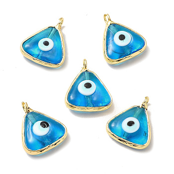 Handmade Lampwork Pendants, with Eco-friendly Light Gold Brass Findings, Long-Lasting Plated, Cadmium Free & Lead Free, Triangle with Evil Eye Charm, Deep Sky Blue, 16x13.5x4~4.5mm, Hole: 2mm
