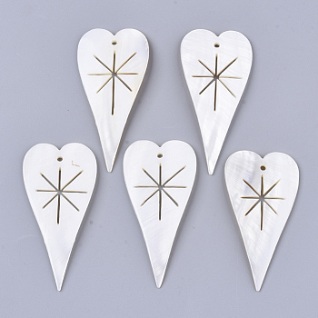 Freshwater Shell Big Pendants, Heart with Star, Creamy White, 68.5~73x35~36x3mm, Hole: 2.5mm