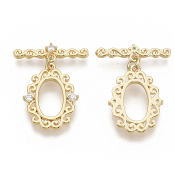 Brass Micro Pave Clear Cubic Zirconia Toggle Clasps, with Jump Rings, Nickel Free, Oval, Real 18K Gold Plated, Oval: 20.5x15.5x2.5mm, Hole: 1.2mm, Bar: 21x4x2.5mm, Hole: 1.2mm, Jump Ring: 5x0.8mm.