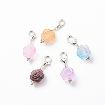 Acrylic Rose Flower Pendants Decoration, Clip-on Charms,  with Alloy Lobster Claw Clasps, Mixed Color, Silver, 28mm