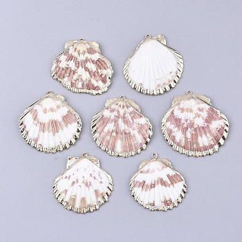Electroplate Sea Shell Pendants, with Iron Findings, Light Gold, Colorful, 30~45x30~45x3~7mm, Hole: 1.0mm