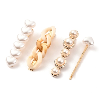 Imitation Pearl Iron Alligator Hair Clips Sets, with Acrylic and Resin, Mixed Shapes, PeachPuff, 59~63.5x14~16.5x11~17mm, 4pcs/set