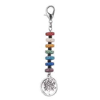 Tree of Life Tibetan Style Alloy Pendant Decorations, 7 Chakra Natural Lava Rock & Glass Seed Beads and Lobster Claw Clasps Charms, Antique Silver & Platinum, 77mm, Pendants: 59.5x17mm