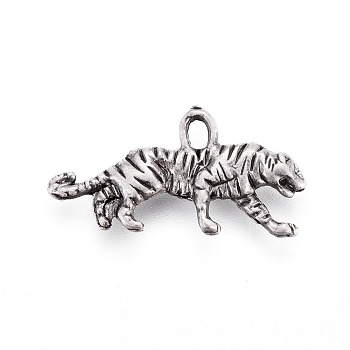 Tibetan Style Alloy Pendants, Tiger, Lead Free & Nickel Free & Cadmium Free, Thailand Sterling Silver Plated, 11x22x2.5mm, Hole: 1.5mm