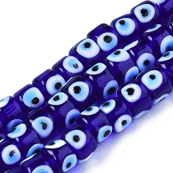 Handmade Evil Eye Lampwork Beads Strands, Column, Blue, 8.5x6~7mm, Hole: 2mm, about 53~56pcs/strand, 13.78 inch~14.17 inch(35cm~36cm)