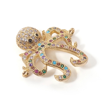 Brass Micro Pave Cubic Zirconia Links connectors, Octopus, Colorful, Golden, 22.5x23x5mm, Hole: 1.2mm