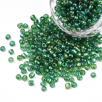 Round Trans. Colors Rainbow Glass Seed Beads, Dark Green, Size: about 3mm in diameter, hole: 1mm, about 1102pcs/50g