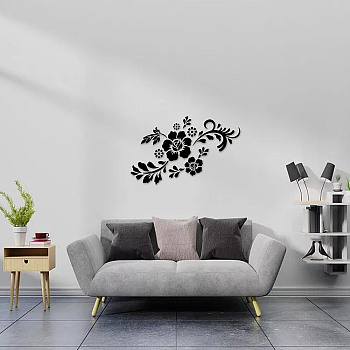 Custom Acrylic Wall Stickers, for Home Living Room Bedroom Decoration, Rectangle with Flower Pattern, Black, 340x350mm