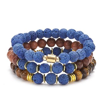3Pcs 3 Style Natural & Synthetic Mixed Stone Stretch Bracelets Set with Wood Beaded for Women, Inner Diameter: 2-1/8 inch(5.3~5.5cm), 1Pc/style