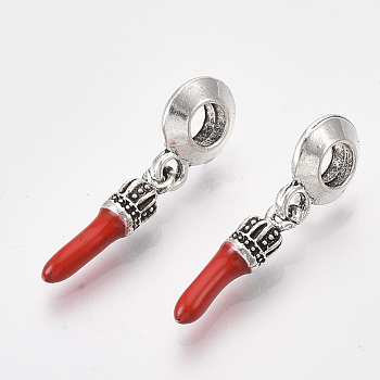 Antique Silver Plated Alloy European Dangle Charms, with Enamel, Large Hole Pendants, Pepper, Red, 26mm, Hole: 4mm, Pepper: 17x4mm