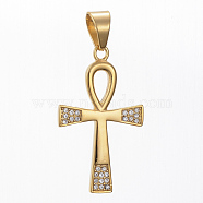 304 Stainless Steel Pendants, with Rhinestone, Ankh Cross, Golden Tone, Crystal, 47x27.5x3mm, Hole: 11x8mm(STAS-L196-07G)