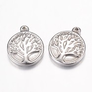 304 Stainless Steel Charms, Flat Round with Tree of Life, Stainless Steel Color, 15.5x13x3mm, Hole: 1mm(STAS-P171-13P)