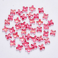 Transparent Spray Painted Glass Beads, with Glitter Powder, Clover, Cerise, 8x8x3mm, Hole: 0.9mm(GLAA-R211-06-C05)