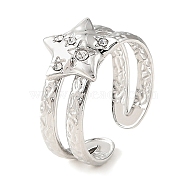 304 Stainless Steel Open Cuff Ring for Women, with Rhinestone, Star, Stainless Steel Color, Inner Diameter: 18mm(RJEW-F166-06P-02)