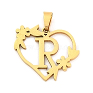 Ion Plating(IP) 201 Stainless Steel Pendants, Heart with Letter Charms, Golden, Letter R, 23x25x1.5mm, Hole: 7.5x3.5mm(STAS-N103-183G-R)