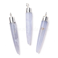 Natural Blue Lace Agate Brass Pendants, Cadmium Free & Lead Free, Bullet Shaped, Silver Color Plated, 33~37x4~5mm, Hole: 2mm(G-B025-02P-02)