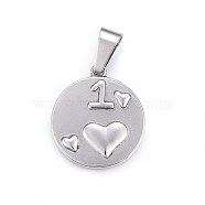 304 Stainless Steel Pendants, Flat Round with Heart and Number 1, Stainless Steel Color, 28.5x25x3mm, Hole: 11x5mm(STAS-P211-24P)