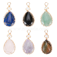 6Pcs 6 Styles Natural Gemstone Copper Wire Wrapped Pendants, Natural Lapis Lazuli & Tiger Eye & Rose Quartz & Amethyst & Obsidian & Green Aventurine, with Cultured Freshwater Pearl, Teardrop, Real 18K Gold Plated, 38~43x19~19.5x8~8.5mm, Hole: 3.5~3.8mm, 1pc/style(G-NB0003-75)