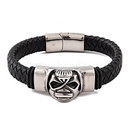 Men's Braided Black PU Leather Cord Bracelets, Skull 304 Stainless Steel Link Bracelets with Magnetic Clasps, Antique Silver, 8-5/8 inch(22cm), 20mm(BJEW-K243-39B-AS)