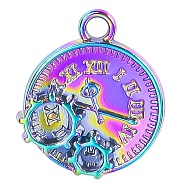 Alloy Pendant, Flat Round with Clock, Rainbow Color, 16x14mm, Hole: 1.5mm(PW23032010740)
