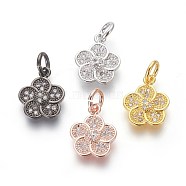 Brass Micro Pave Cubic Zirconia Charms, Lead Free & Cadmium Free, Clear, Flower, Mixed Color, 12x9.5x2mm, Hole: 3mm(ZIRC-J021-17-RS)