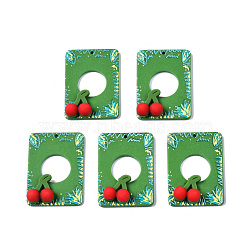 Opaque Acrylic Pendants, with Resin, 3D Printed, Rectangle with Cherry, Green, 35x25x8mm, Hole: 1.5mm(KY-Q058-005)