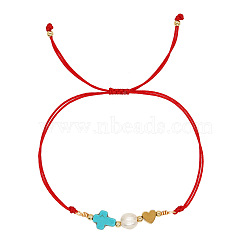 Synthetic Blue Turquoise & Shell Pearl Braided Bead Bracelets, Adjustable Cross & Heart Cord Bracelets for Women Men(EM9604)