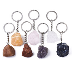 Natural Mixed Stone Keychain, with Platinum Plated Stainless Steel Split Key Rings, Nuggets, 89~95mm(G-N0326-020)