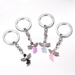 Alloy Keychain, with Gemstone Beads, Tibetan Style Heart Beads and Acrylic Flower Beads, Lovely Wedding Dress Angel Dangle, Mixed Color, 83mm(KEYC-JKC00102)