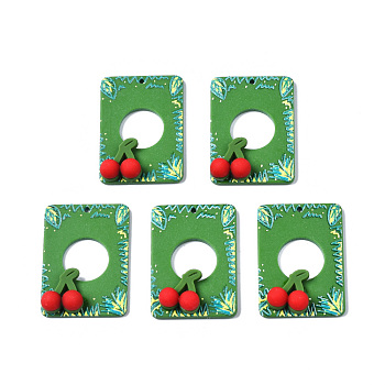 Opaque Acrylic Pendants, with Resin, 3D Printed, Rectangle with Cherry, Green, 35x25x8mm, Hole: 1.5mm