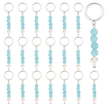 Synthetic Turquoise Bead and Natural Jade Cross Pendant Keychain, with Iron Split Key Rings, 9cm
