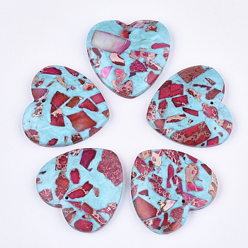Assembled Synthetic Imperial Jasper and Turquoise Pendants, Dyed, Heart, Deep Pink, 38.5~39.5x40~40.5x7~7.5mm, Hole: 1.4mm