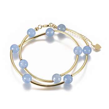 Natural Agate Wrap Bracelets, Two Loops, with Golden Plated Brass Findings, Cornflower Blue, 14-5/8 inch(37.2cm)