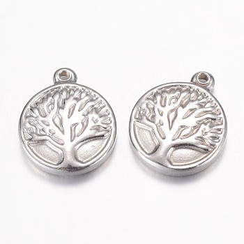 304 Stainless Steel Charms, Flat Round with Tree of Life, Stainless Steel Color, 15.5x13x3mm, Hole: 1mm