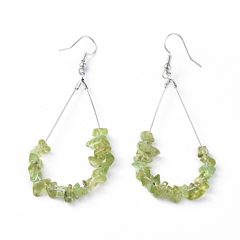 Dangle Earrings, with Natural Peridot Chips, Platinum Plated Brass Earring Hooks and teardrop, Pendants, 71~75mm, Pendant: 53.5~59mm, Pin: 0.5mm