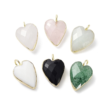 Natural Mixed Stone Pendants, Faceted Heart Charms, with Golden Plated Brass Edge Loops, 18x12x6mm, Hole: 3mm